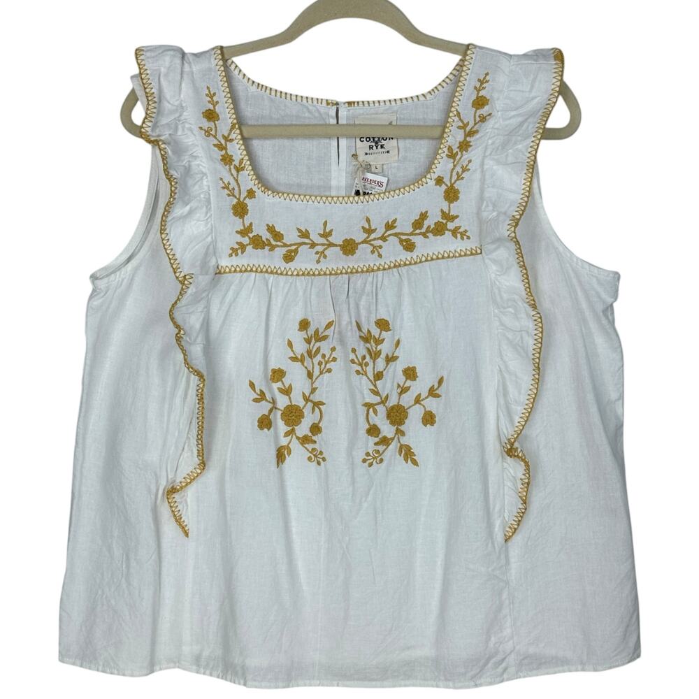 Cotton Rye Top Womens Large Embroidered Ruffled Sleeveless Flax Floral Natural